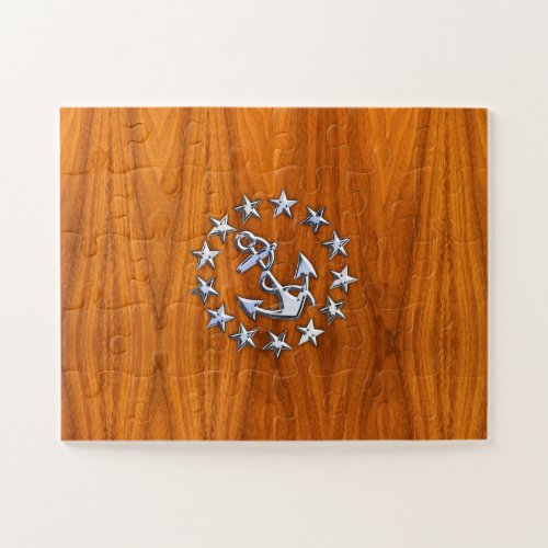 Yacht Flag Sign on Nautical Teak Wood Print Jigsaw Puzzle