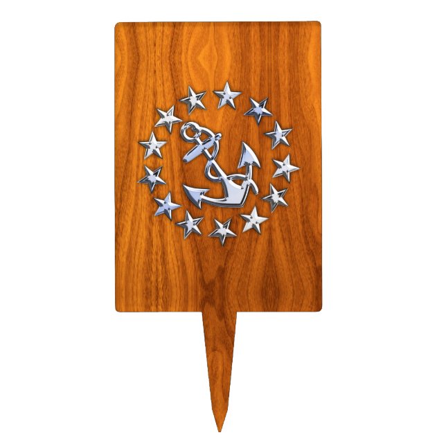 Yacht Flag Symbol on Nautical Teak Wood Print Cake Topper (Front)