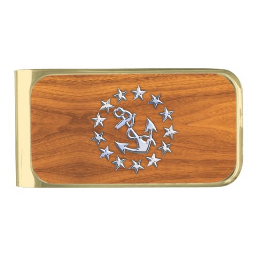 Yacht Flag Symbol on Nautical Teak Wood Print Gold Finish Money Clip