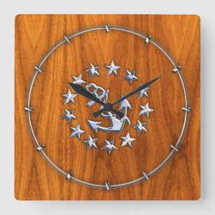 Yacht Flag Symbol on Nautical Teak Wood Print Square Wall Clock