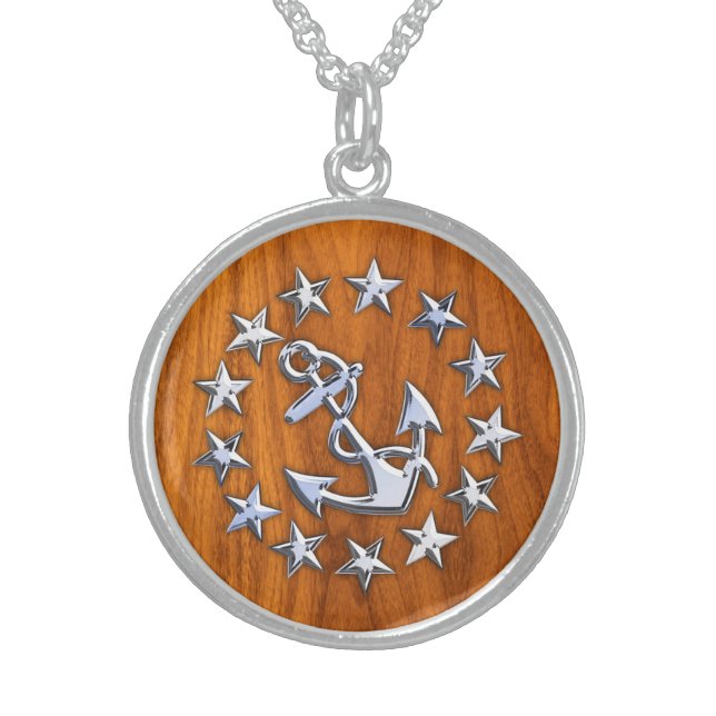 Yacht Flag Symbol on Nautical Teak Wood Print Sterling Silver Necklace (Front)