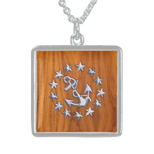 Yacht Flag Symbol on Nautical Teak Wood Print Sterling Silver Necklace