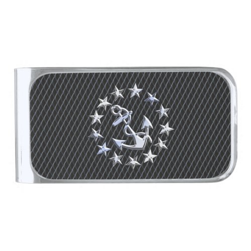Yacht Naval Flag Anchor and Stars Silver Finish Money Clip
