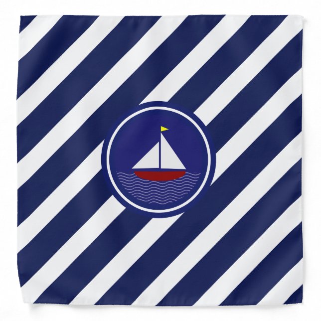 Yacht on navy blue & white striped bandana (Front)
