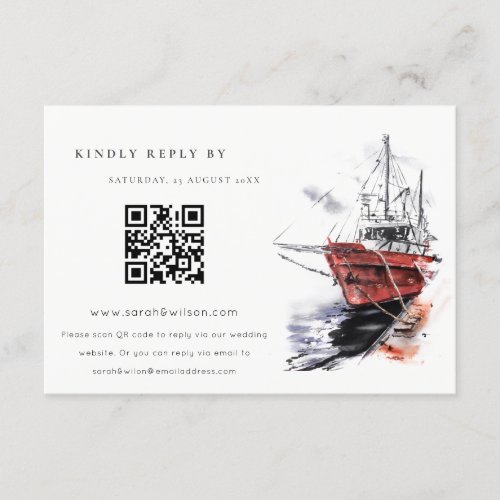 Yacht Sailboat Watercolor Wedding QR Code RSVP Enclosure Card