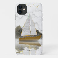 Yacht Sailing Stylish Modern Gold Marble Name