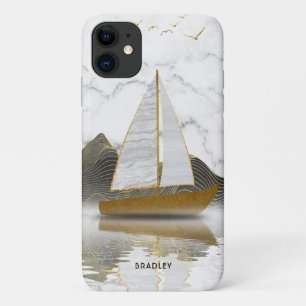 Yacht Sailing Stylish Modern Gold Marble Name iPhone 11 Case