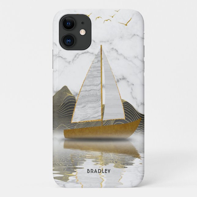 Yacht Sailing Stylish Modern Gold Marble Name Case-Mate iPhone Case (Back)