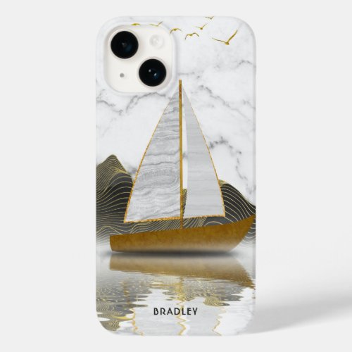 Yacht Sailing Stylish Modern Gold Marble Name Case_Mate iPhone 14 Case
