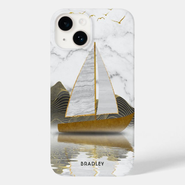 Yacht Sailing Stylish Modern Gold Marble Name Case-Mate iPhone Case (Back)