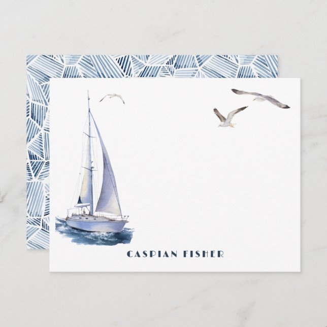 Yacht & Seagulls Watercolor Stationery Note Card (Front/Back)