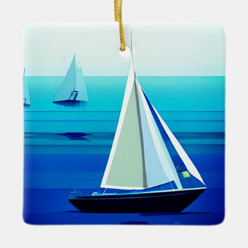 Yacht Under Sail Cobalt Blue  Ceramic Ornament