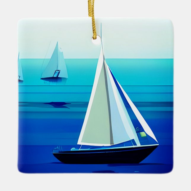 Yacht Under Sail, Cobalt Blue  Ceramic Ornament (Front)