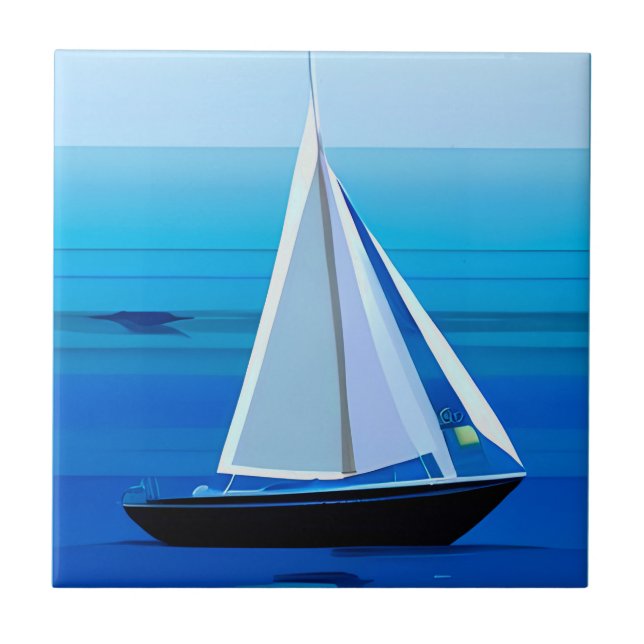 Yacht Under Sail, Cobalt Blue Ceramic Tile (Front)