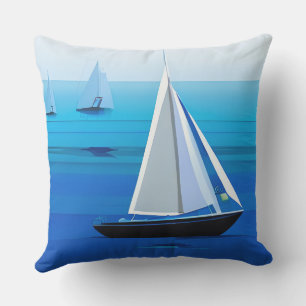 Yacht Under Sail, Cobalt Blue Outdoor Pillow
