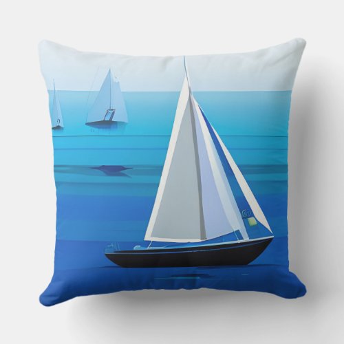 Yacht Under Sail Cobalt Blue Outdoor Pillow