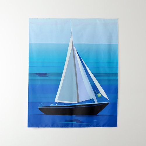Yacht Under Sail Cobalt Blue Tapestry