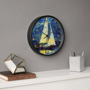 Yacht Van Gogh Style Blue, Gold, Sailing Clock