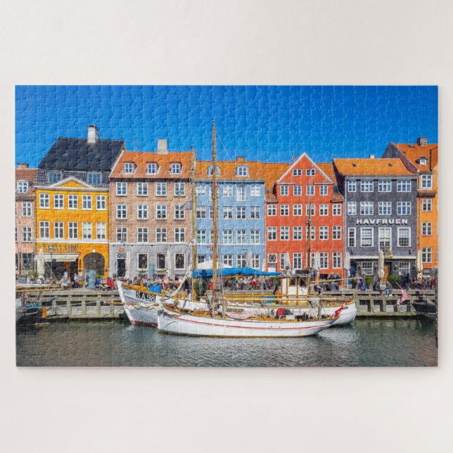 Yachts Along Colorful Nyhavn Waterfront Copenhagen Jigsaw Puzzle (Horizontal)