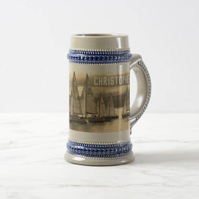 Yachts with Sepia Effect. Add Name. Beer Stein (Front Right)