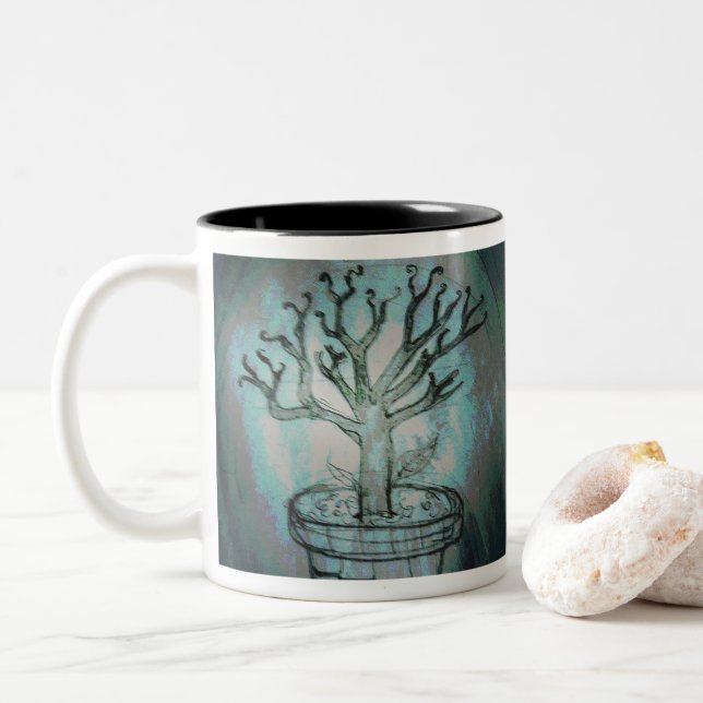 yaei dead bonsai tree Two-Tone coffee mug (With Donut)