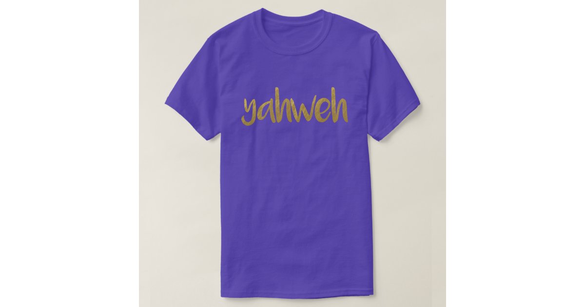 purple shirt with gold writing