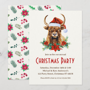 Yak Santa Hat Red Poinsettias Ox Christmas Party Invitation