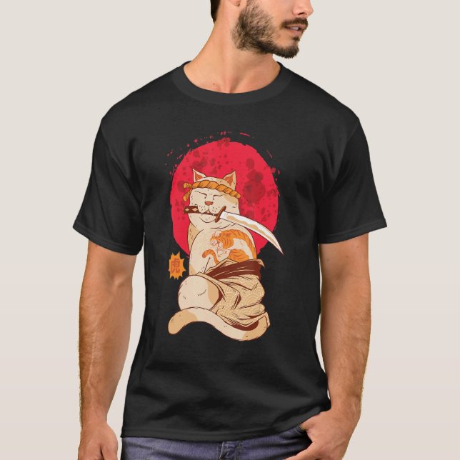 Yakuza Cat Japanese Samurai Sword Katana Japan Tig T-Shirt (Front)