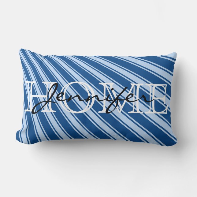 Yale Blue Color Stripe Pattern Home Monogram Lumbar Pillow (Front)