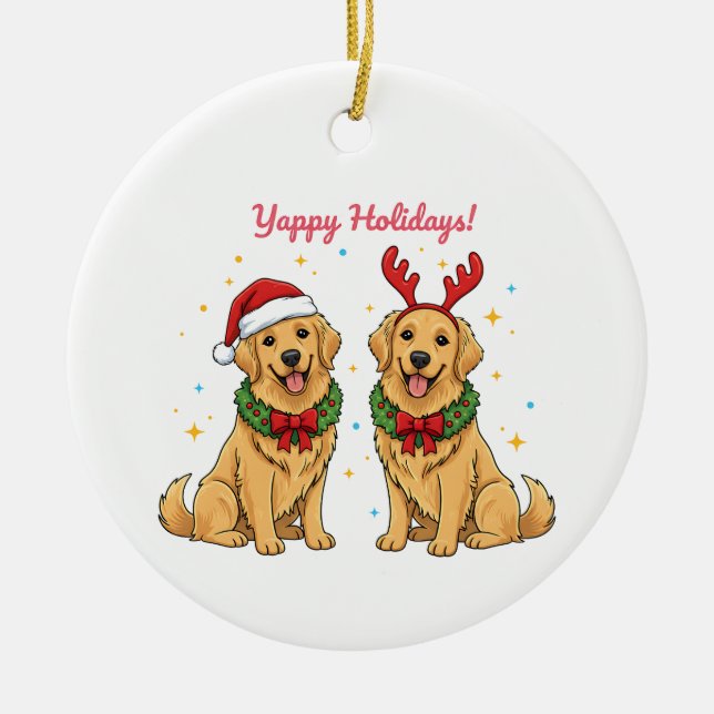 Yappy Holidays Golden Retriever Golden Xmas Ceramic Ornament (Front)