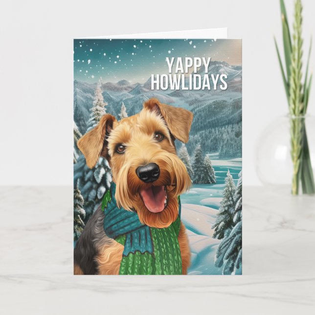 Yappy Howlidays Airedale Terrier in Winter Scarf Holiday Card (Front)