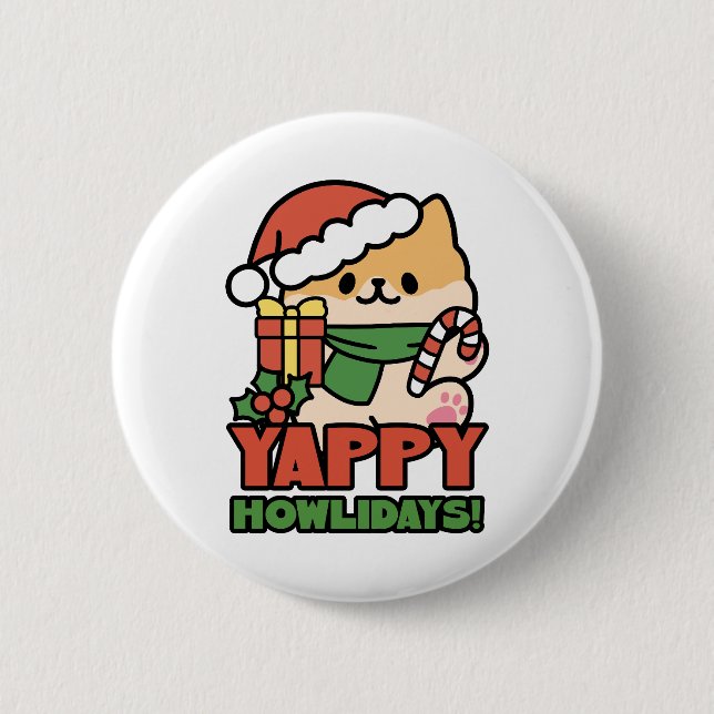 Yappy Howlidays - Cute Christmas Dog Cartoon Button (Front)