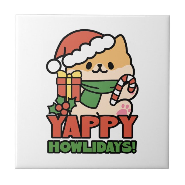 Yappy Howlidays - Cute Christmas Dog Cartoon Ceramic Tile (Front)