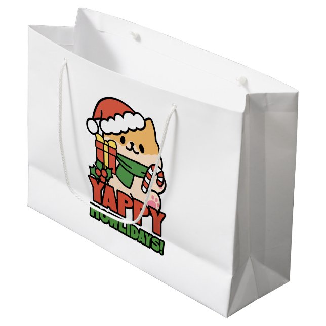 Yappy Howlidays - Cute Christmas Dog Cartoon Large Gift Bag (Front Angled)