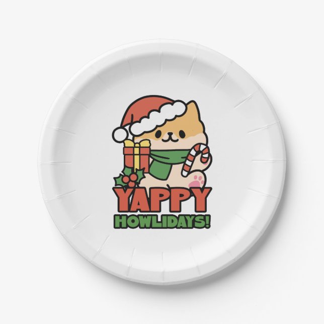 Yappy Howlidays - Cute Christmas Dog Cartoon Paper Plates (Front)