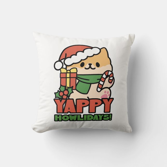 Yappy Howlidays - Cute Christmas Dog Cartoon Throw Pillow (Front)