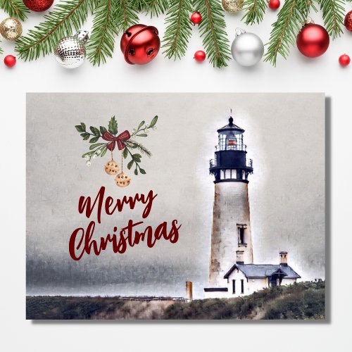Yaquina Head Lighthouse Merry Christmas Holiday Postcard