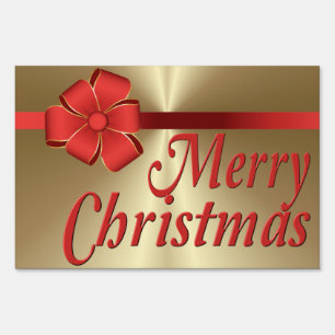Yard Card - Red Bow & Ribbon on Gold Sign