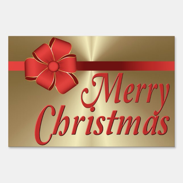 Yard Card - Red Bow & Ribbon on Gold Yard Sign (Front)