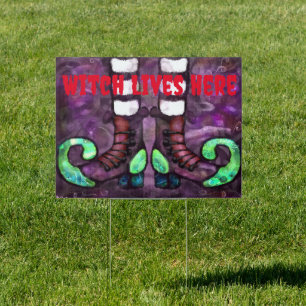 Yard Sign Halloween Witch Lives Here Boots