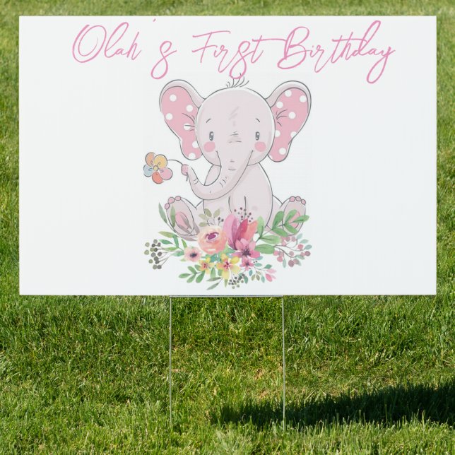 Yard Sign Pink Elephant Happy Birthday  (Insitu)