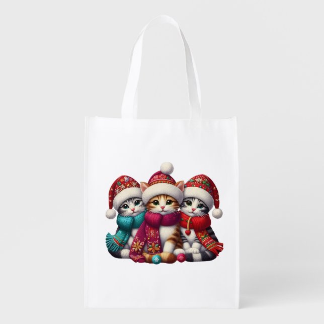 Yarn Art Christmas Cats Reusable Bag (Front)