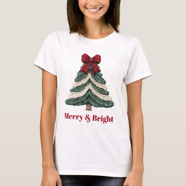 Yarn Faux Embroidery Christmas Tree Design T-Shirt (Front)