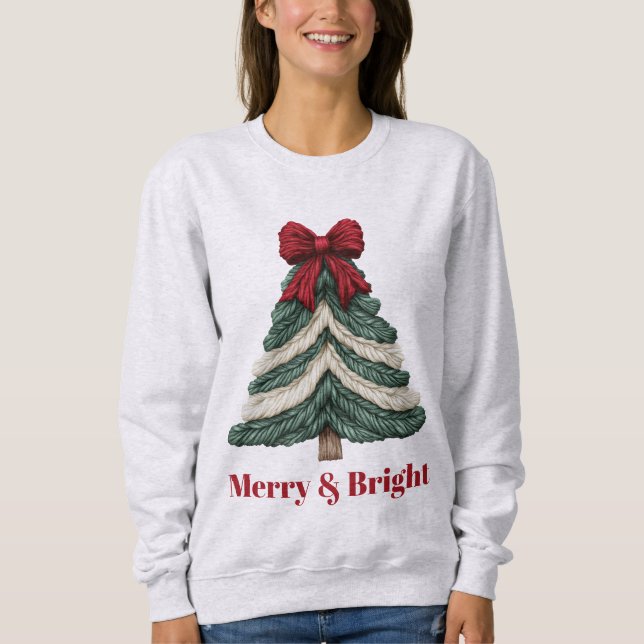 Yarn Faux Embroidery Christmas Tree Merry Bright Sweatshirt (Front)