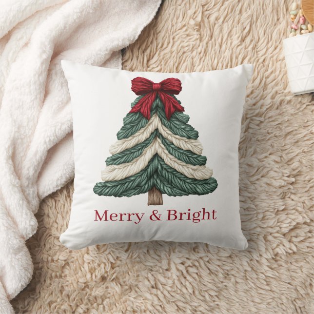 Yarn Faux Embroidery Christmas Tree Merry Bright Throw Pillow (Blanket)