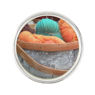 Yarn in birch bark basket lapel pin