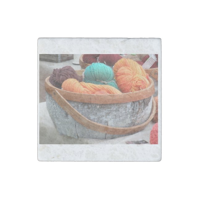 Yarn in birch bark basket stone magnet (Front)