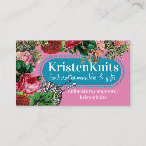 Yarn knitting needles knitter vintage roses busine business card