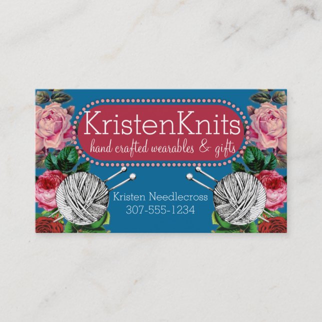 Yarn knitting needles knitter vintage roses business card (Front)