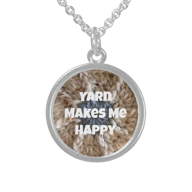 Yarn Makes Me Happy Beige Blue Crochet Knitter Sterling Silver Necklace (Front)